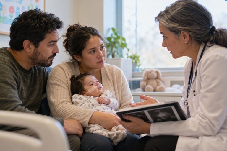 Imagen de una familia en consulta de genética clínica para un artículo sobre el síndrome de Edwards