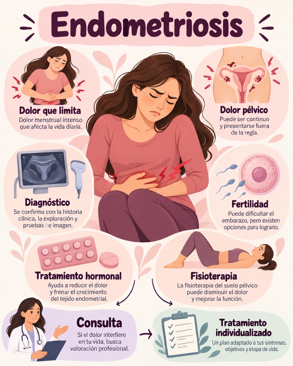 Infografía sobre síntomas, diagnóstico y tratamiento individualizado de la endometriosis
