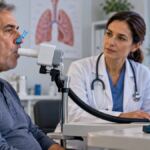 Consulta con espirómetro e inhalador para ilustrar la EPOC