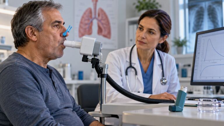 EPOC: síntomas, causas y tratamientos actuales 1 Consulta con espirómetro e inhalador para ilustrar la EPOC