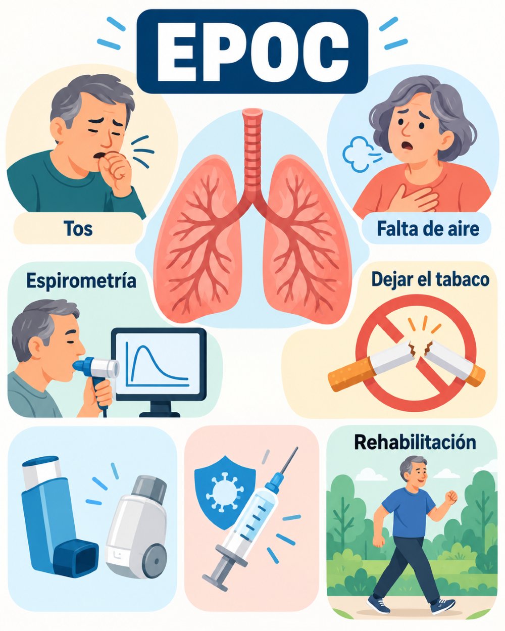 Infografía sobre síntomas, espirometría, dejar el tabaco y rehabilitación