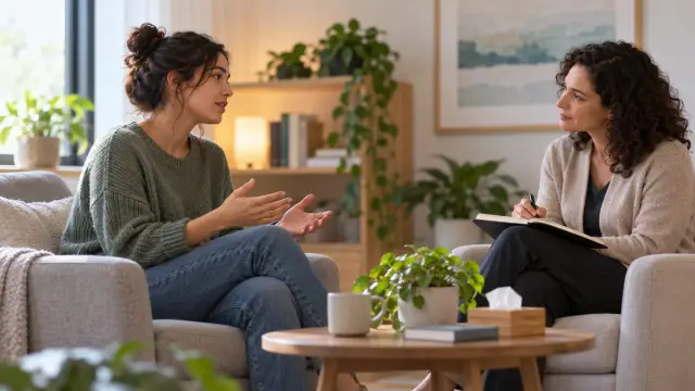 Persona sobreviviente conversa con una orientadora en un entorno seguro, con enfoque de autonomía y apoyo.