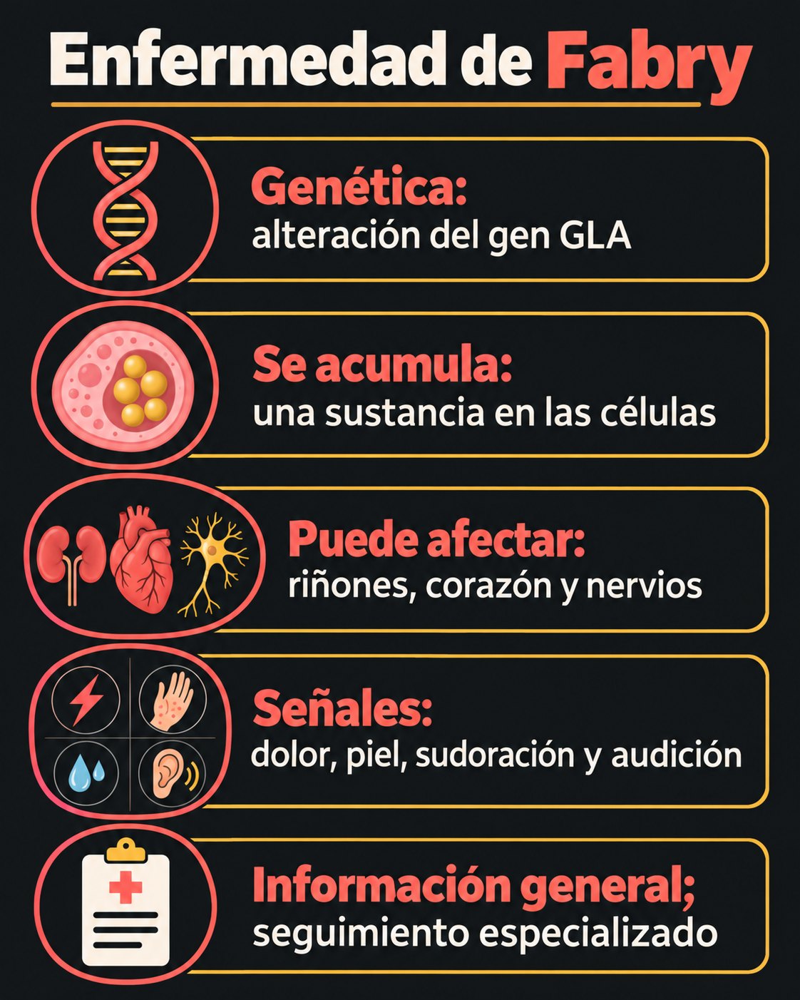 Infografía sobre la enfermedad de Fabry, síntomas y seguimiento