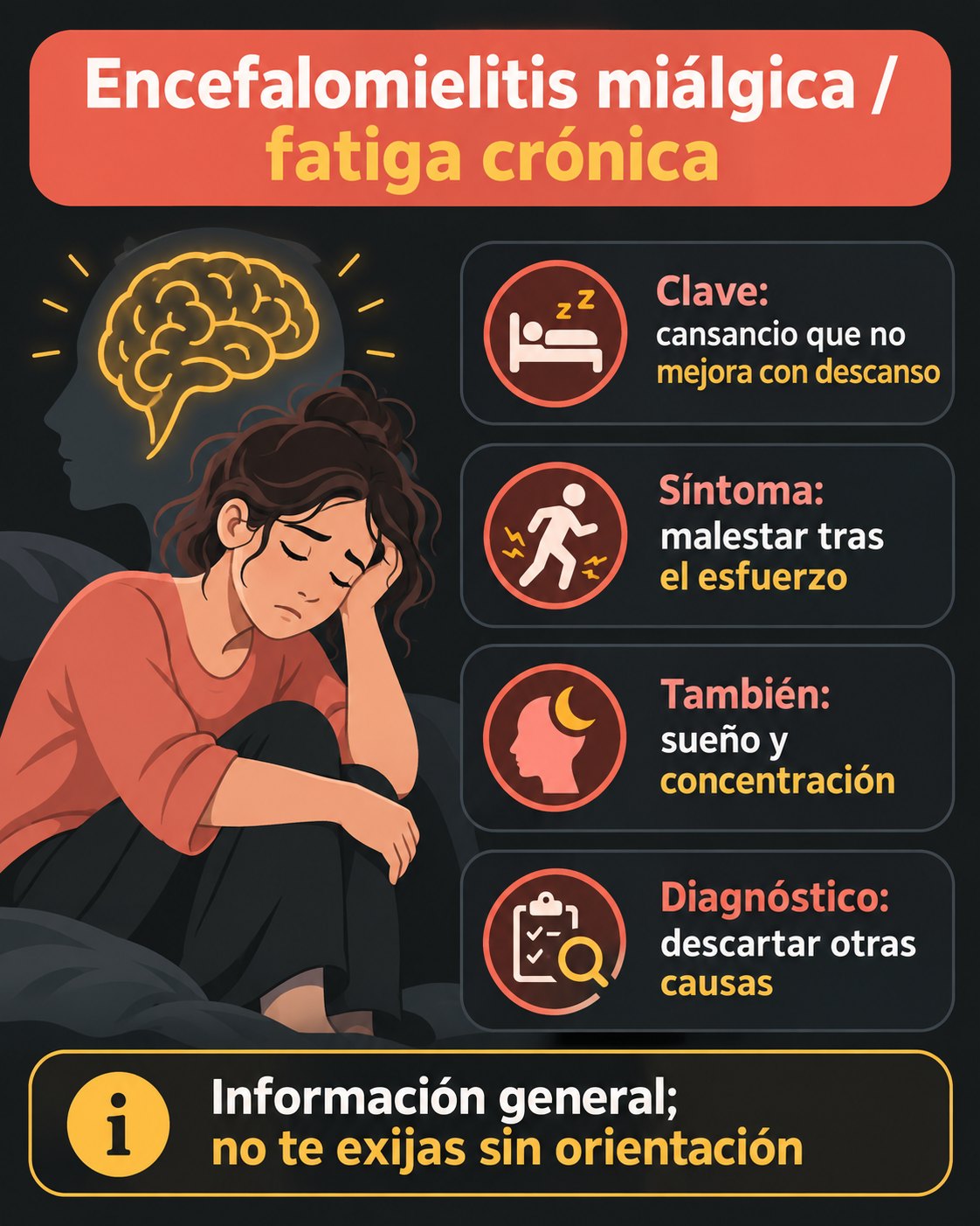 Infografía sobre encefalomielitis miálgica, fatiga crónica y malestar tras el esfuerzo
