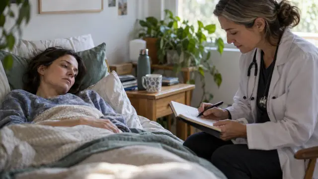 Persona con fatiga crónica revisando un diario de síntomas con un profesional