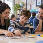 Niño realizando una actividad de aprendizaje con apoyo familiar y escolar