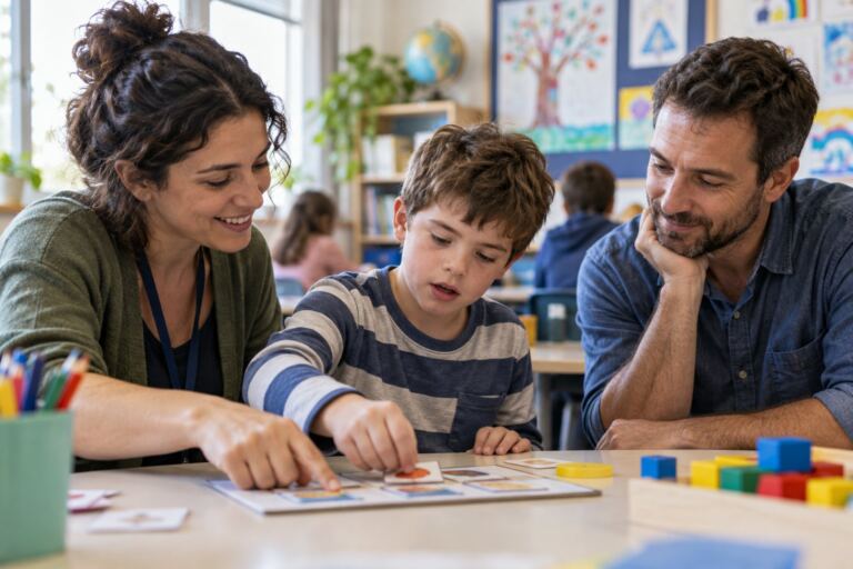 Niño realizando una actividad de aprendizaje con apoyo familiar y escolar