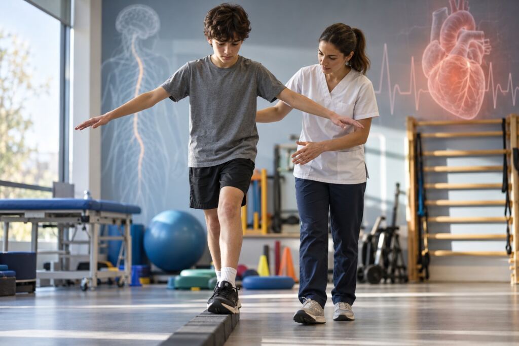 Adolescente practicando equilibrio y movimiento con fisioterapia