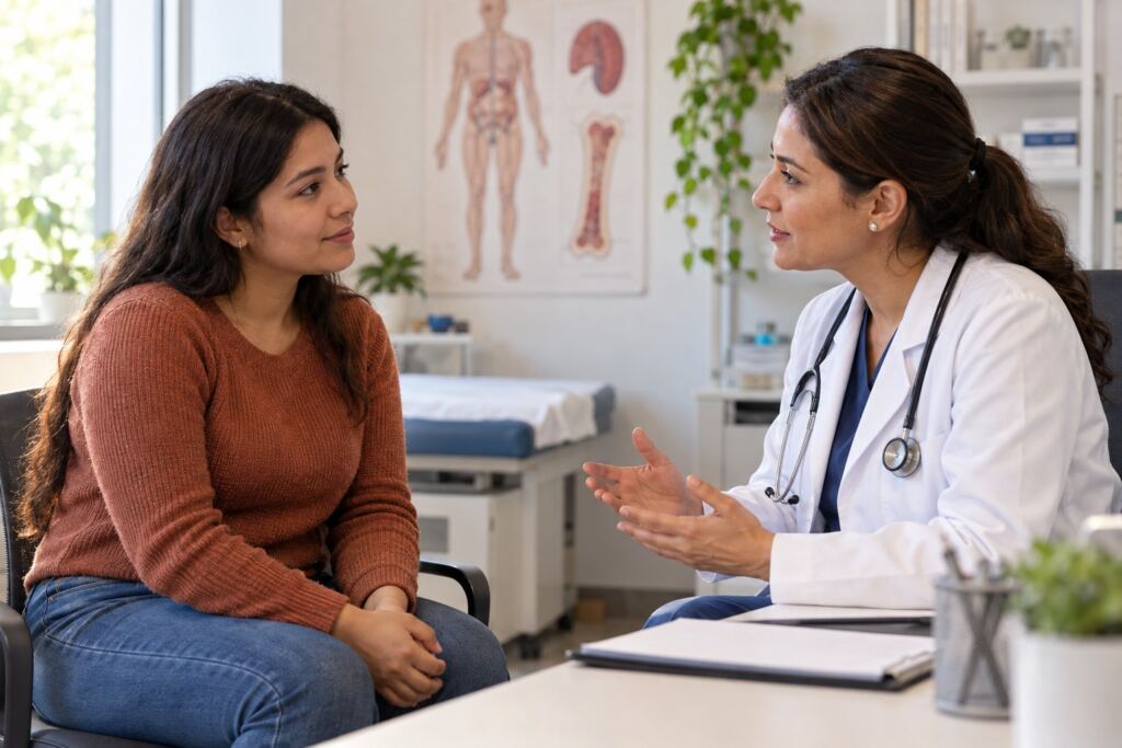 Mujer conversando con hematóloga sobre enfermedad de Gaucher