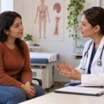 Mujer conversando con hematóloga sobre enfermedad de Gaucher
