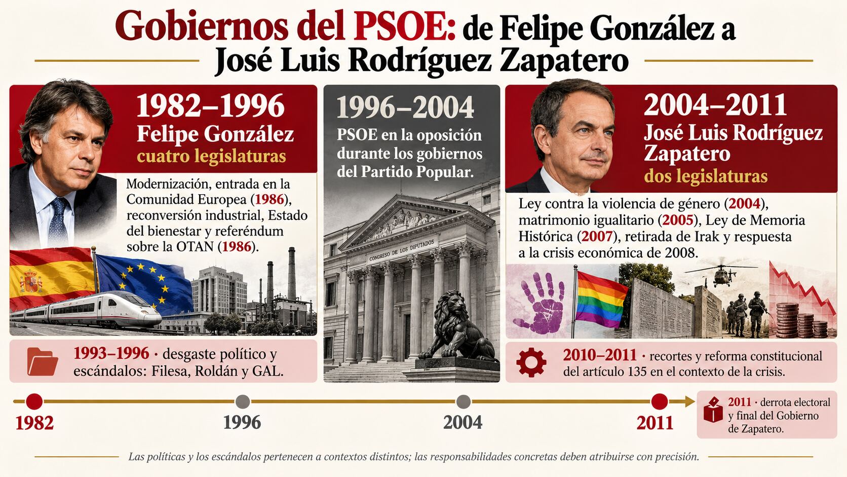 PSOE: historia y corrupción, del marxismo a los escándalos actuales 3 Infografía sobre los gobiernos del PSOE entre 1982 y 2011, con las etapas de Felipe González y José Luis Rodríguez Zapatero, sus principales reformas y controversias.