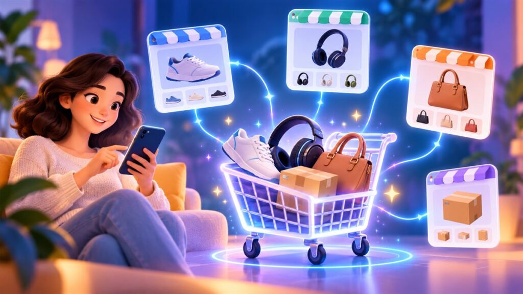 Google activa su carrito universal para comprar con inteligencia artificial 2 Ilustración de una persona usando el teléfono mientras un carrito reúne productos de varias tiendas online