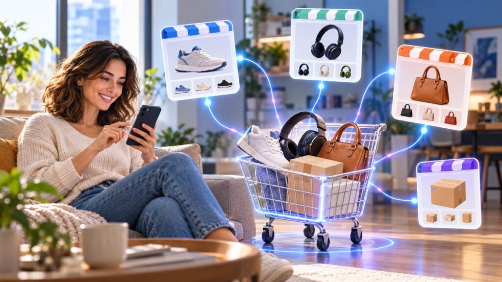 Google activa su carrito universal para comprar con inteligencia artificial 2 Mujer usando un teléfono en un ambiente moderno mientras un carrito reúne productos de varias tiendas online