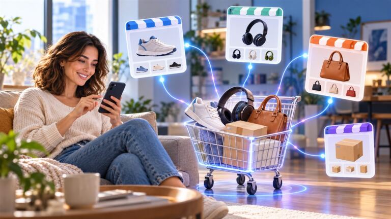 Mujer usando un teléfono en un ambiente moderno mientras un carrito reúne productos de varias tiendas online
