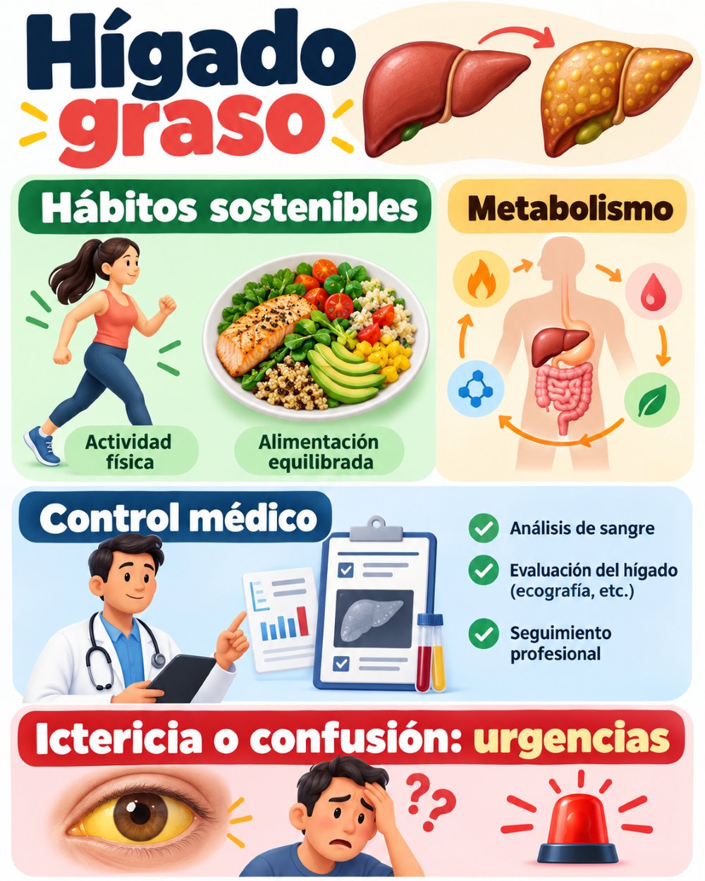 Infografía sobre hábitos sostenibles, control médico y señales de alarma del hígado graso
