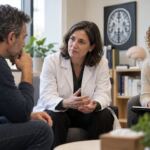 Adulto conversando con neurología y asesoramiento genético