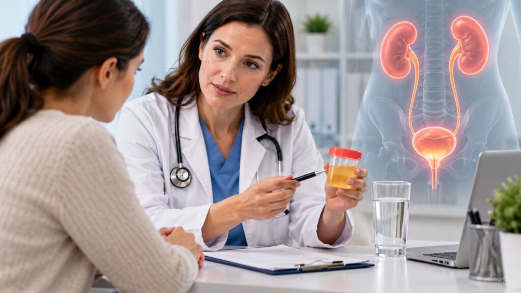 Consulta y análisis de orina para ilustrar una infección urinaria