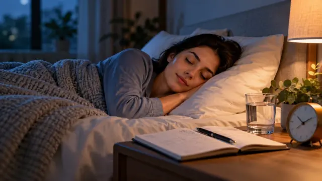 Dormitorio tranquilo y diario del sueño para ilustrar el insomnio