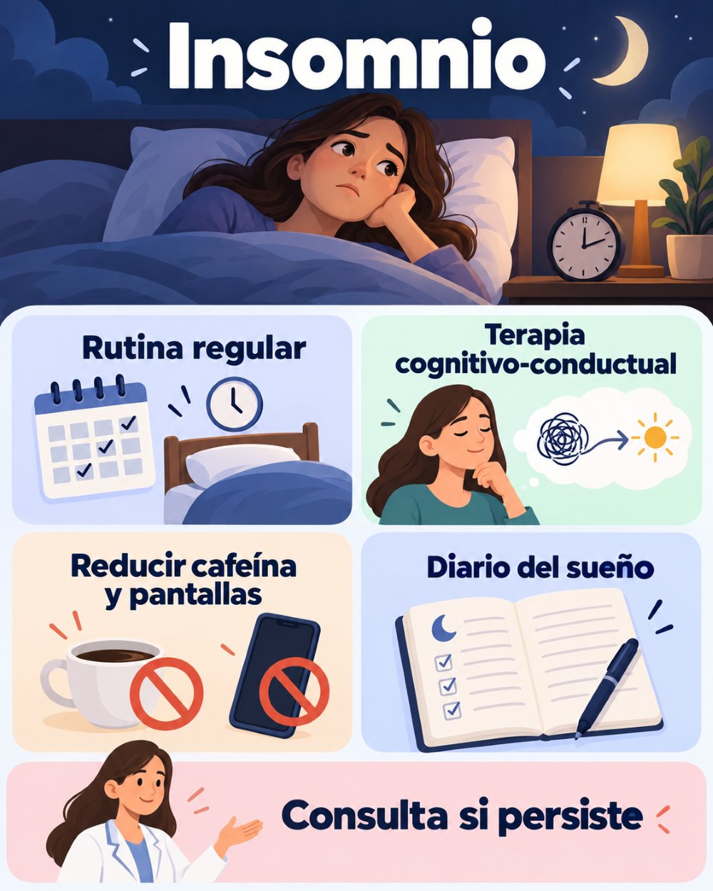 Infografía sobre rutina, terapia cognitivo-conductual y hábitos de sueño