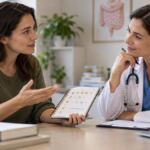 Persona adulta conversa con un médico mientras revisa un diario de síntomas digestivos.