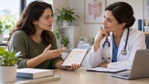 Persona adulta conversa con un médico mientras revisa un diario de síntomas digestivos.