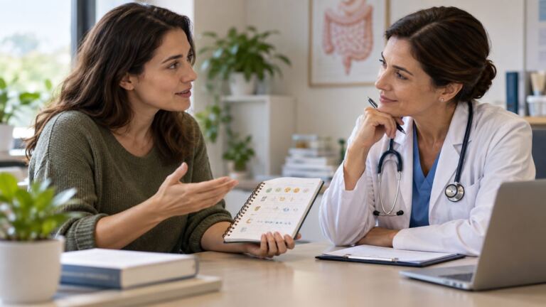 Persona adulta conversa con un médico mientras revisa un diario de síntomas digestivos.
