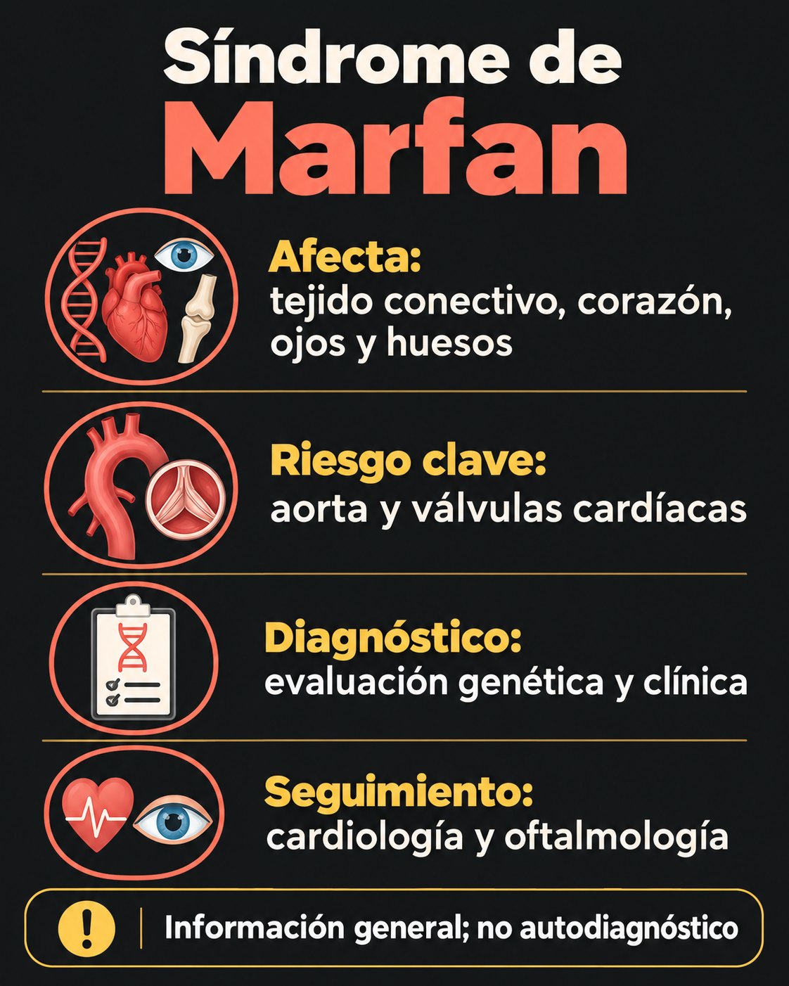 Infografía sobre el síndrome de Marfan, la aorta, los ojos y el seguimiento médico