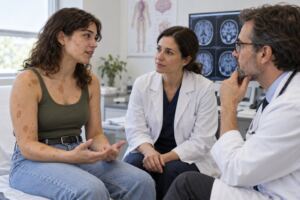 Adulto joven conversando con especialistas sobre neurofibromatosis tipo 1