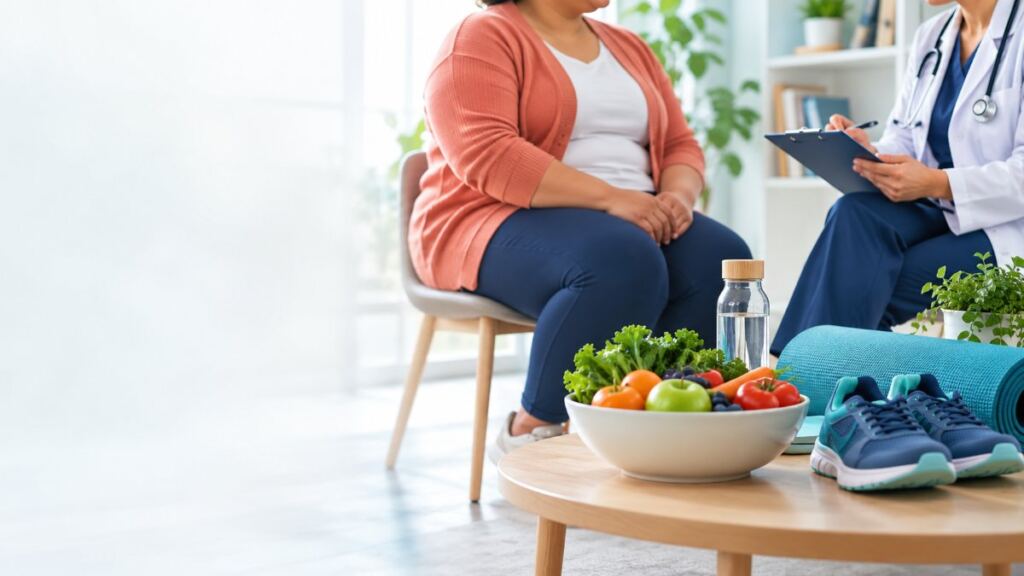 Obesidad y sobrepeso: causas, riesgos y tratamientos actuales 2 Consulta médica, alimentos saludables y calzado deportivo para ilustrar el tratamiento integral de la obesidad
