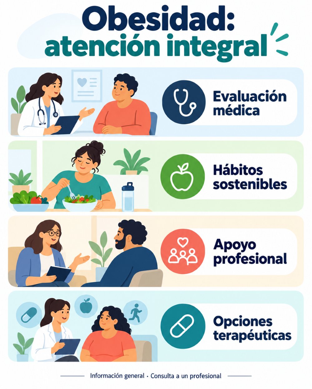 Infografía sobre evaluación médica, hábitos sostenibles, apoyo profesional y opciones terapéuticas para la obesidad
