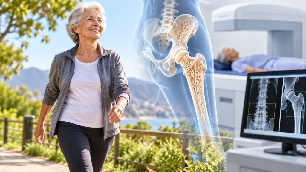 Persona caminando y salud ósea para ilustrar la prevención y el tratamiento de la osteoporosis