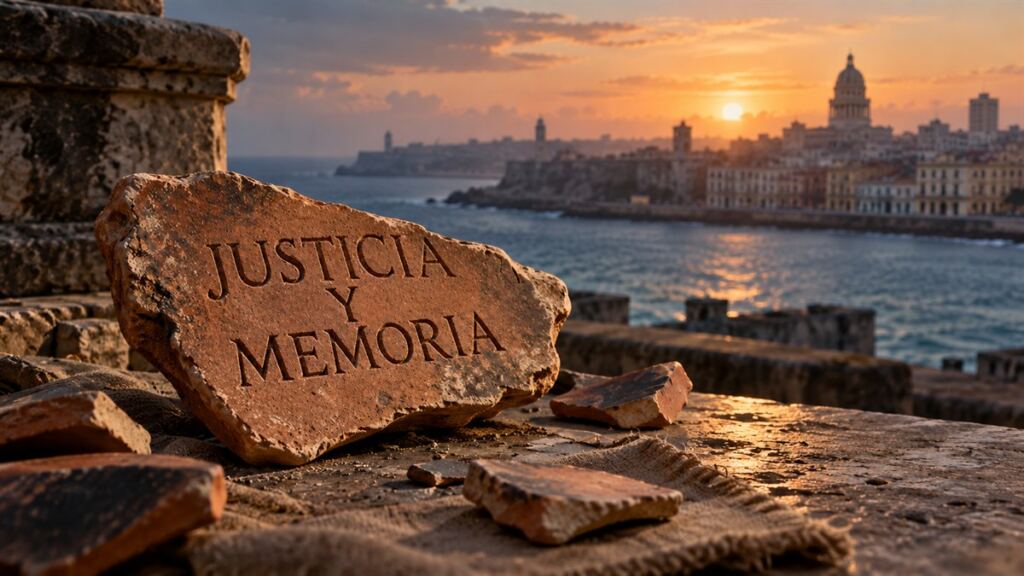 Fragmento de cerámica con la inscripción Justicia y Memoria y La Habana al fondo