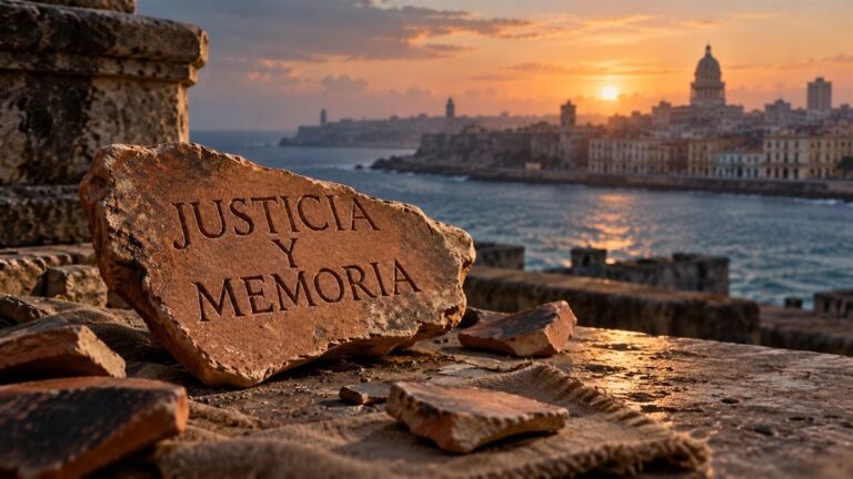 Ostracismo en Cuba: qué enseña la antigua Atenas para evitar otra dictadura 1 Fragmento de cerámica con la inscripción Justicia y Memoria y La Habana al fondo