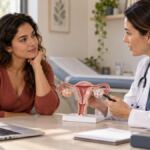 Mujer adulta conversa con una profesional de salud sobre salud hormonal y menstrual en una consulta tranquila.