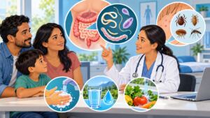 Familia en consulta médica sobre parásitos internos y externos