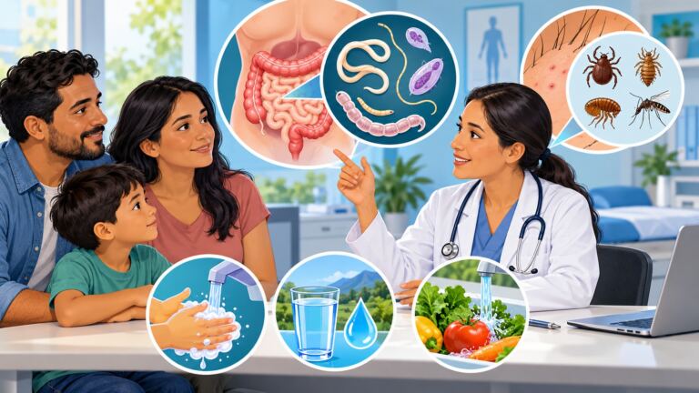 Parásitos humanos: internos y externos, síntomas y tratamiento 1 Familia en consulta médica sobre parásitos internos y externos