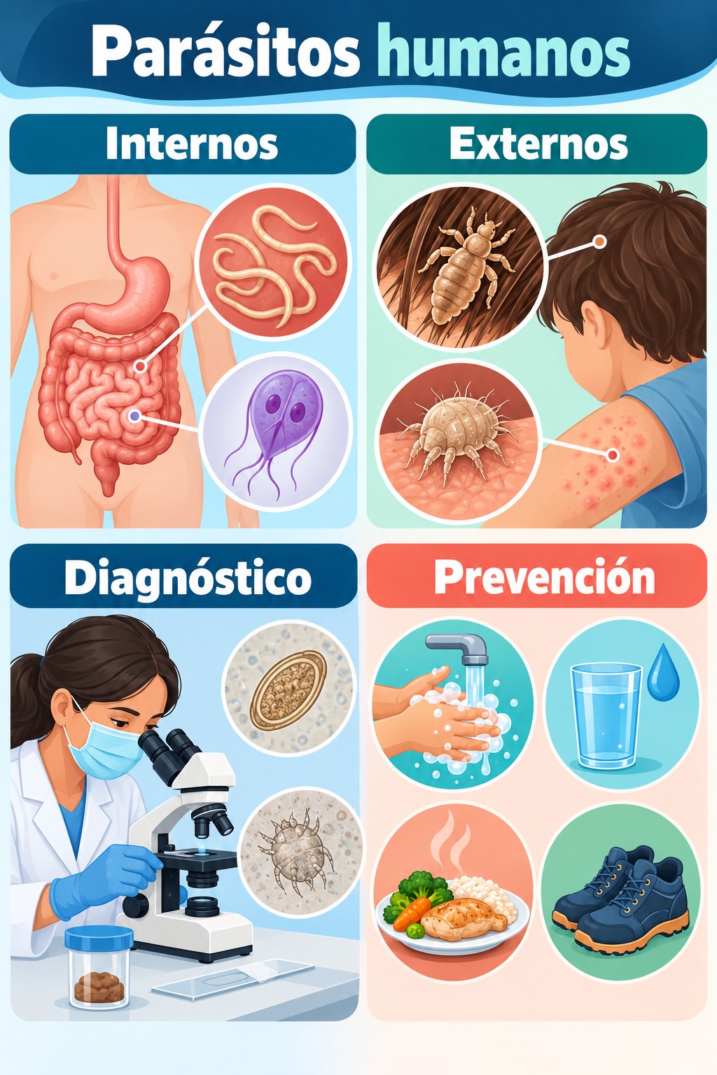 Infografía sobre parásitos internos y externos, diagnóstico y prevención