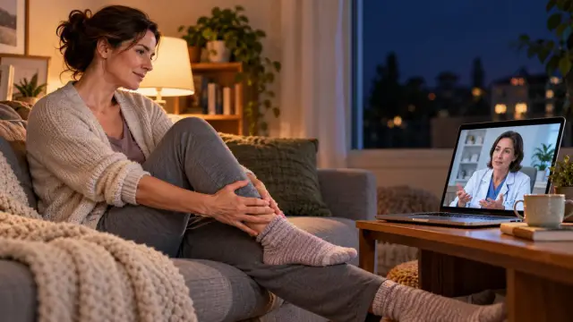 Síndrome de piernas inquietas: síntomas y tratamiento 1 Mujer adulta estira las piernas en casa por la noche mientras conversa sobre el sueño con una profesional.