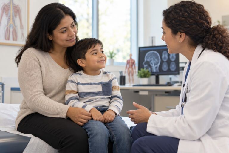 Familia y especialista en consulta por enfermedad de Pompe