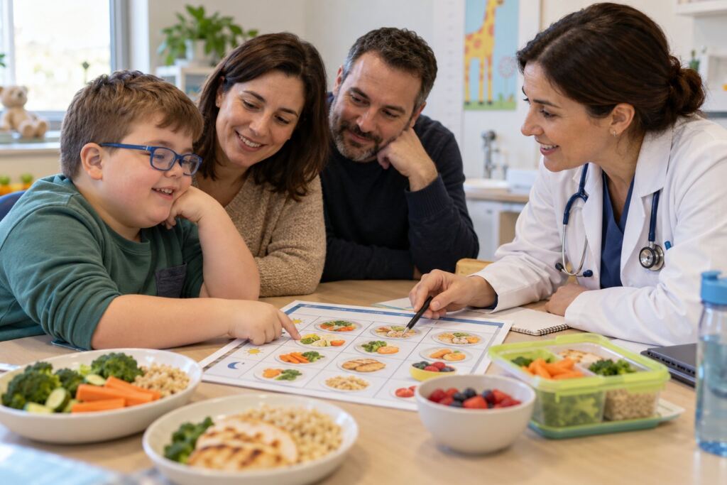 Familia organizando una rutina de alimentación con una endocrinóloga pediátrica
