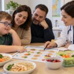 Familia organizando una rutina de alimentación con una endocrinóloga pediátrica