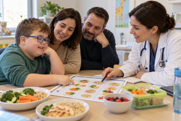 Familia organizando una rutina de alimentación con una endocrinóloga pediátrica