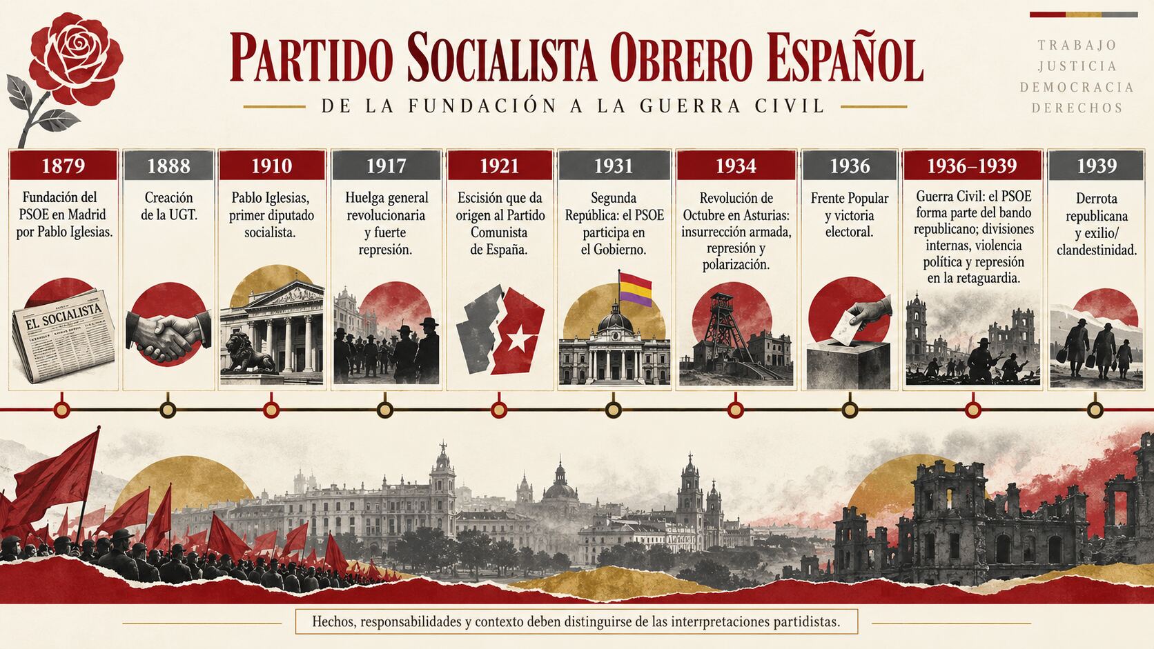 PSOE: historia y corrupción, del marxismo a los escándalos actuales 2 Infografía cronológica del PSOE desde 1879 hasta 1939, con la fundación del partido, la UGT, la Segunda República, la Revolución de Asturias y la Guerra Civil.