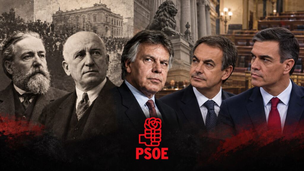 Collage histórico de dirigentes del PSOE con Zapatero y Sánchez mirando hacia el centro y el logo del partido en la parte inferior