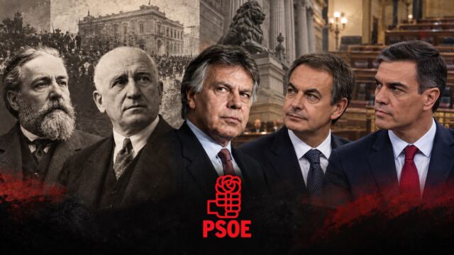PSOE: historia y corrupción, del marxismo a los escándalos actuales 1 Collage histórico de dirigentes del PSOE con Zapatero y Sánchez mirando hacia el centro y el logo del partido en la parte inferior