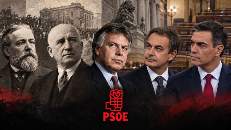 Collage histórico de dirigentes del PSOE con Zapatero y Sánchez mirando hacia el centro y el logo del partido en la parte inferior