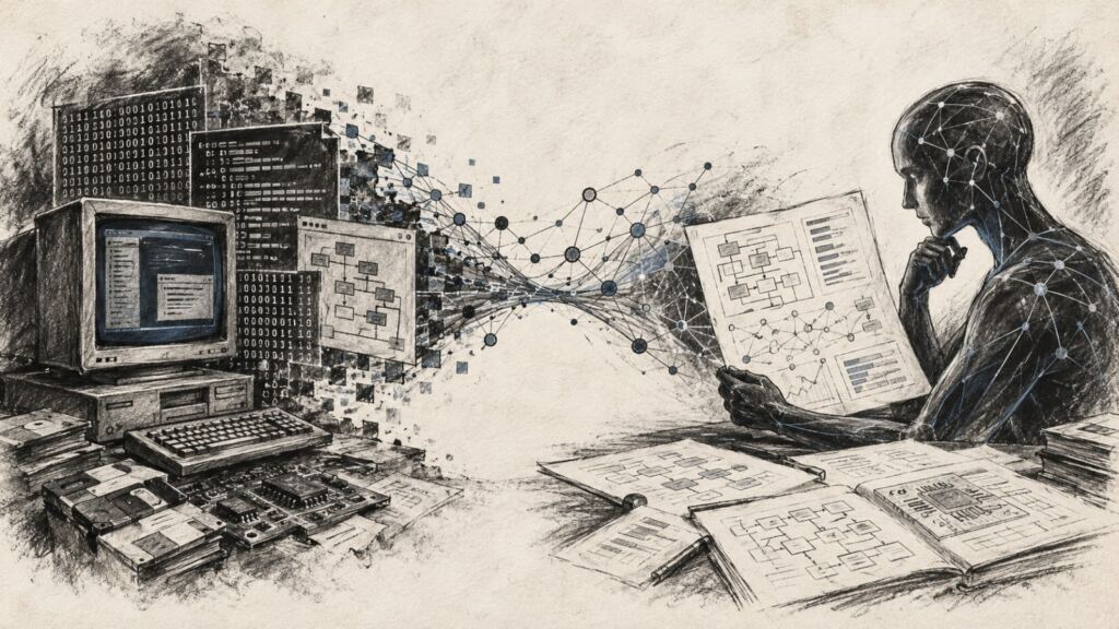 REA inteligencia artificial: ilustración en carboncillo sobre análisis de software antiguo