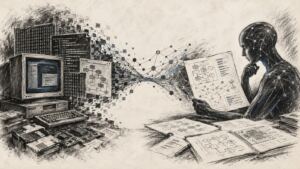 REA inteligencia artificial: ilustración en carboncillo sobre análisis de software antiguo