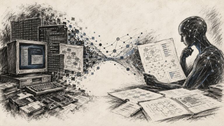 REA inteligencia artificial: ilustración en carboncillo sobre análisis de software antiguo