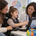 Niña usando una tableta de comunicación con apoyo familiar y neurológico